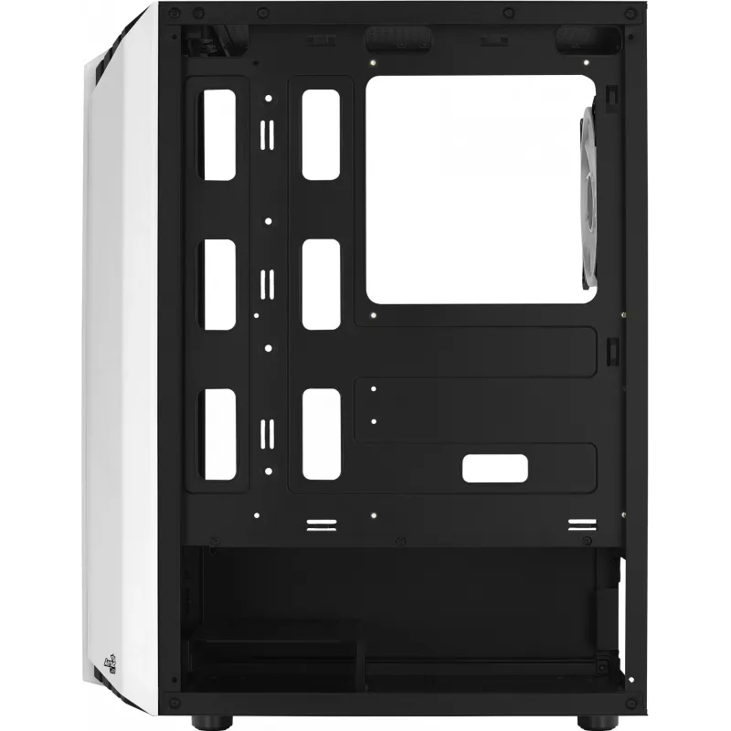 Arvuti korpus AEROCOOL Bionic Midi Tower Valge — ATX, karastatud klaas, 2x3,5-tollist pesa, 6x2,5-tollist, 297 mm GPU, sinine LED
