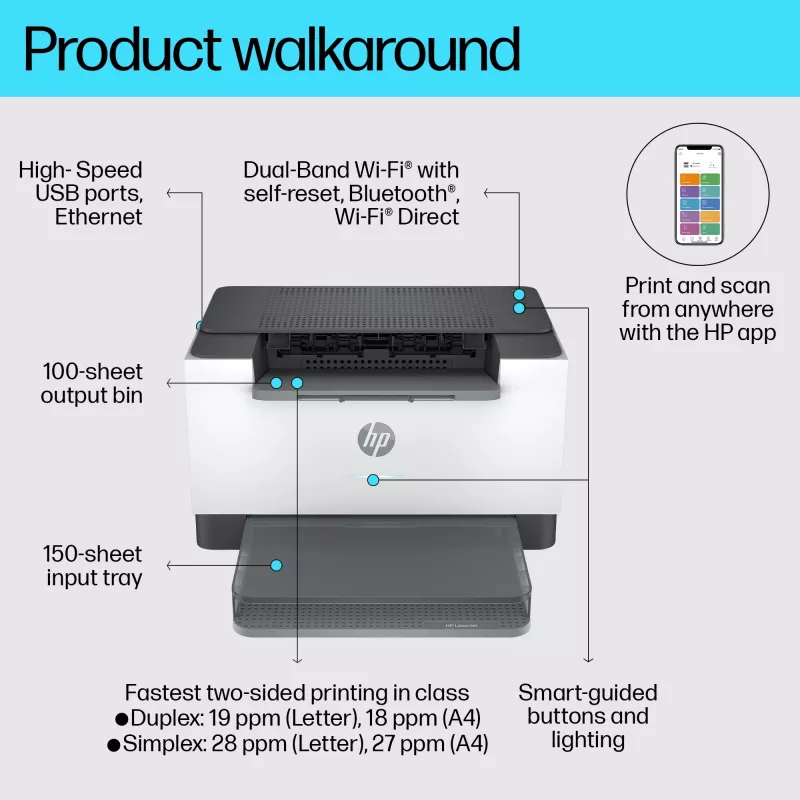 HP LaserJet M207dw printer, laser, 600 x 600 DPI, A4, 27 ppm, kahepoolne printimine, hall, valge