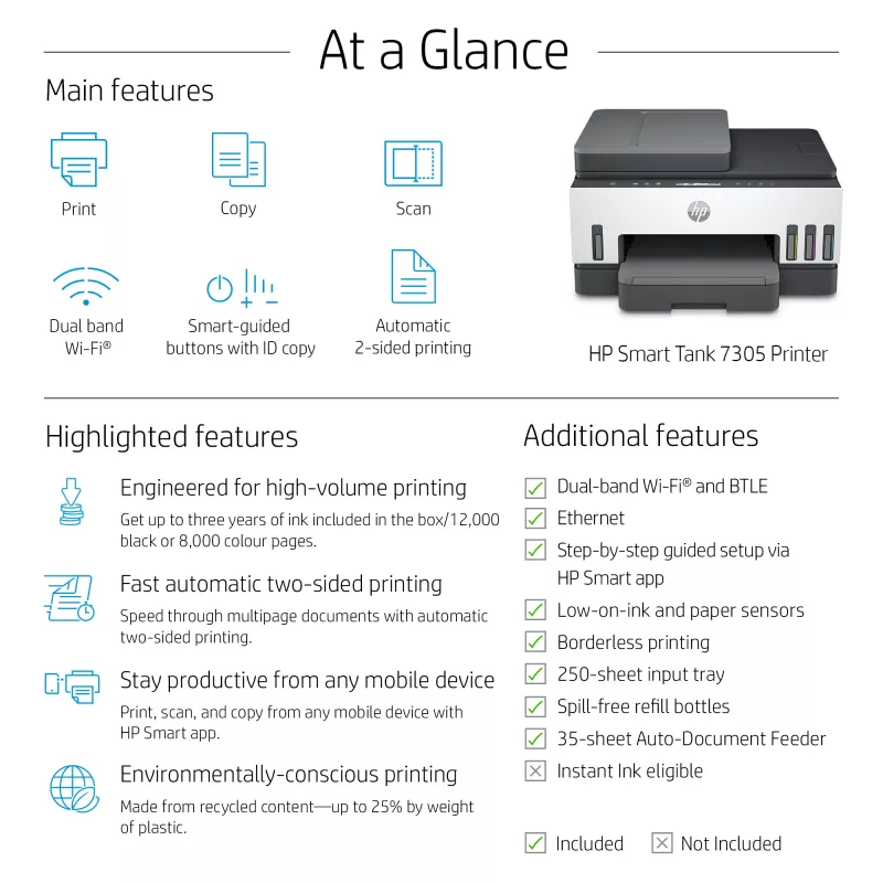 HP Smart Tank 7305 juhtmevaba mitmeotstarbeline värviprinter, kahepoolne printimine; koopiamasin, skanner