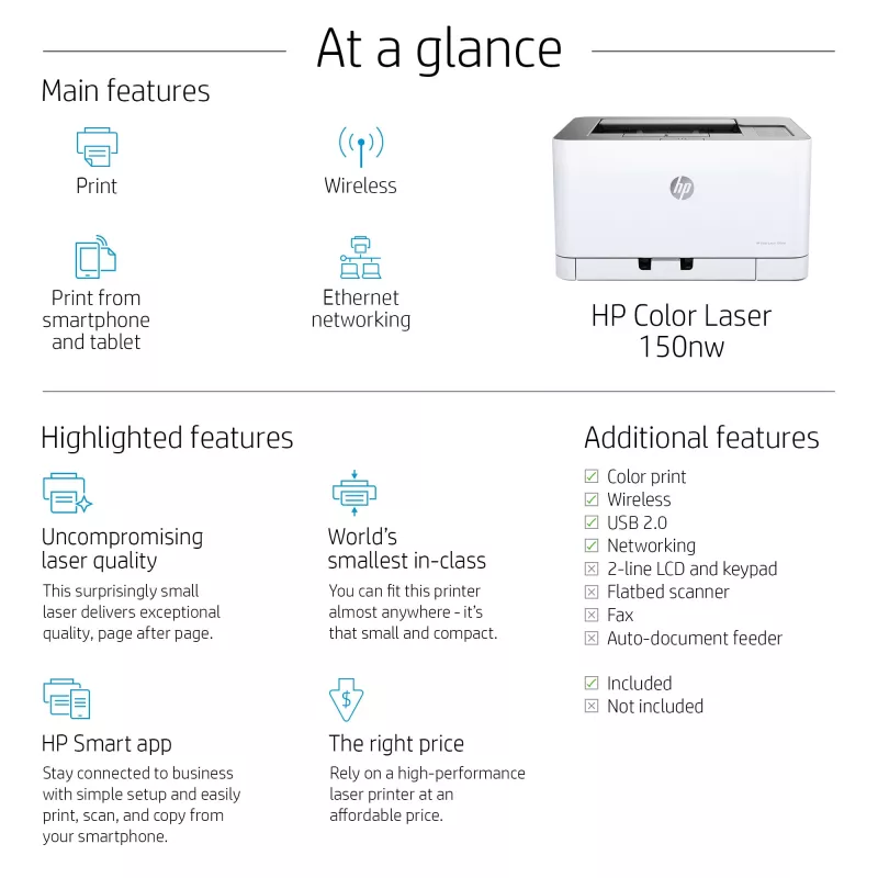 HP Color Laser 150nw, Laser, Värviline, 600 x 600 DPI, A4, 18 ppm, Kahepoolne printimine