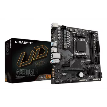 GIGABYTE A620M H emaplaat – toetab AMD Ryzen 8000 protsessoreid, 5+2+2 faasiline digitaalne VRM, kuni 7200 MHz DDR5 (OC), 1x PCIe 4.0 M.2, GbE LAN, USB 3.2 Gen 1