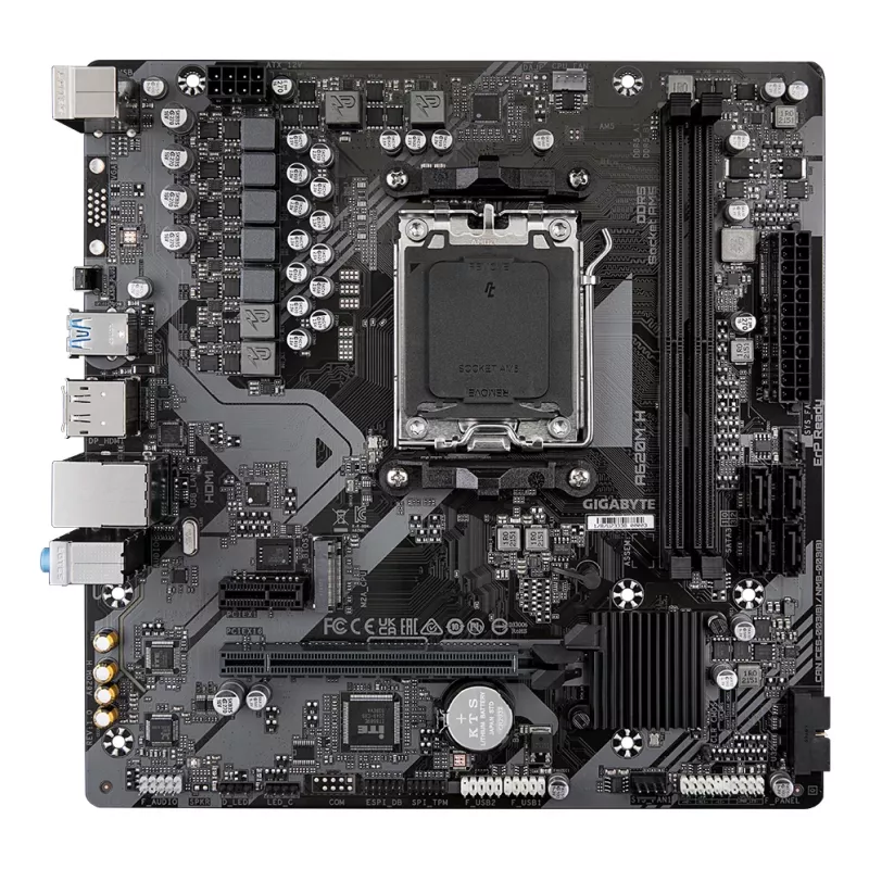 GIGABYTE A620M H emaplaat – toetab AMD Ryzen 8000 protsessoreid, 5+2+2 faasiline digitaalne VRM, kuni 7200 MHz DDR5 (OC), 1x PCIe 4.0 M.2, GbE LAN, USB 3.2 Gen 1