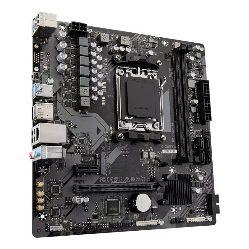 GIGABYTE A620M H emaplaat – toetab AMD Ryzen 8000 protsessoreid, 5+2+2 faasiline digitaalne VRM, kuni 7200 MHz DDR5 (OC), 1x PCIe 4.0 M.2, GbE LAN, USB 3.2 Gen 1