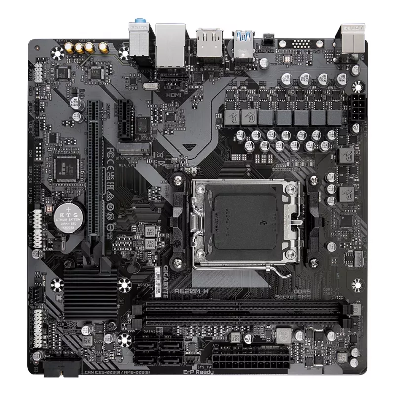 GIGABYTE A620M H emaplaat – toetab AMD Ryzen 8000 protsessoreid, 5+2+2 faasiline digitaalne VRM, kuni 7200 MHz DDR5 (OC), 1x PCIe 4.0 M.2, GbE LAN, USB 3.2 Gen 1