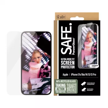 PanzerGlass SAFE. by ® Ekraanikaitse iPhone 17e | 16e | 14 | 13 | 13 Pro | Ultra-Wide Fit koos EasyAligneriga