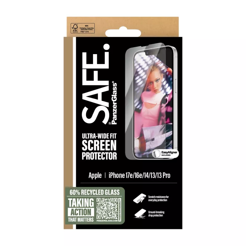 PanzerGlass SAFE. by ® Ekraanikaitse iPhone 17e | 16e | 14 | 13 | 13 Pro | Ultra-Wide Fit koos EasyAligneriga