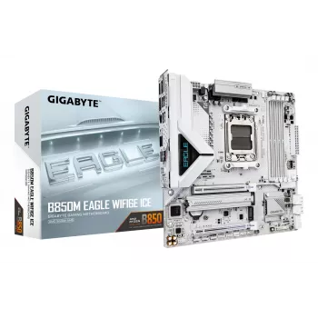 GIGABYTE B850M EAGLE WIFI6E ICE emaplaat - AMD Ryzen 9000 seeria protsessoritele, 8+2+2 faasi digitaalne VRM, kuni 8200 MHz DDR5 (OC), 1xPCIe 5.0 + 1xPCIe 4.0 M.2, Wi-Fi 6E, 2.5 GbE LAN, USB 3.2 Gen 2