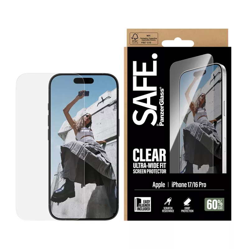 PanzerGlass SAFE. by ® Ekraanikaitse iPhone 17 | iPhone 16 Pro | Ultra-Wide Fit koos EasyAligneriga