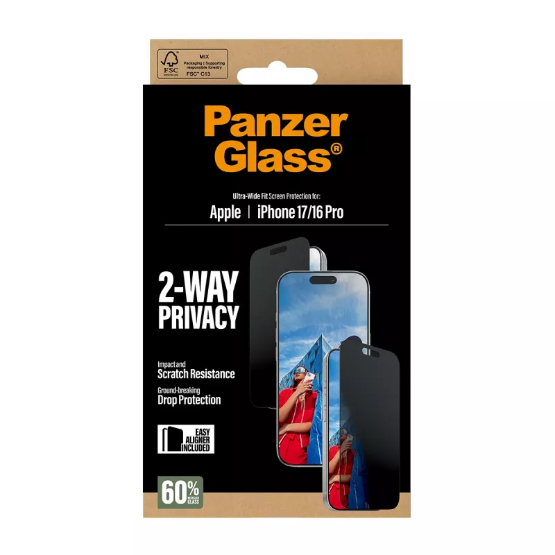 PanzerGlass ® 2-Way Privacy Screen Protector iPhone 17 | iPhone 16 Pro | Ultra-Wide Fit koos EasyAligneriga