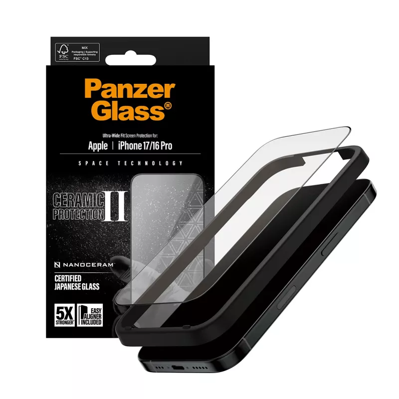 PanzerGlass® Ceramic II Ekraanikaitse iPhone 17 | iPhone 16 Pro | Ultra-Wide Fit koos EasyAligneriga