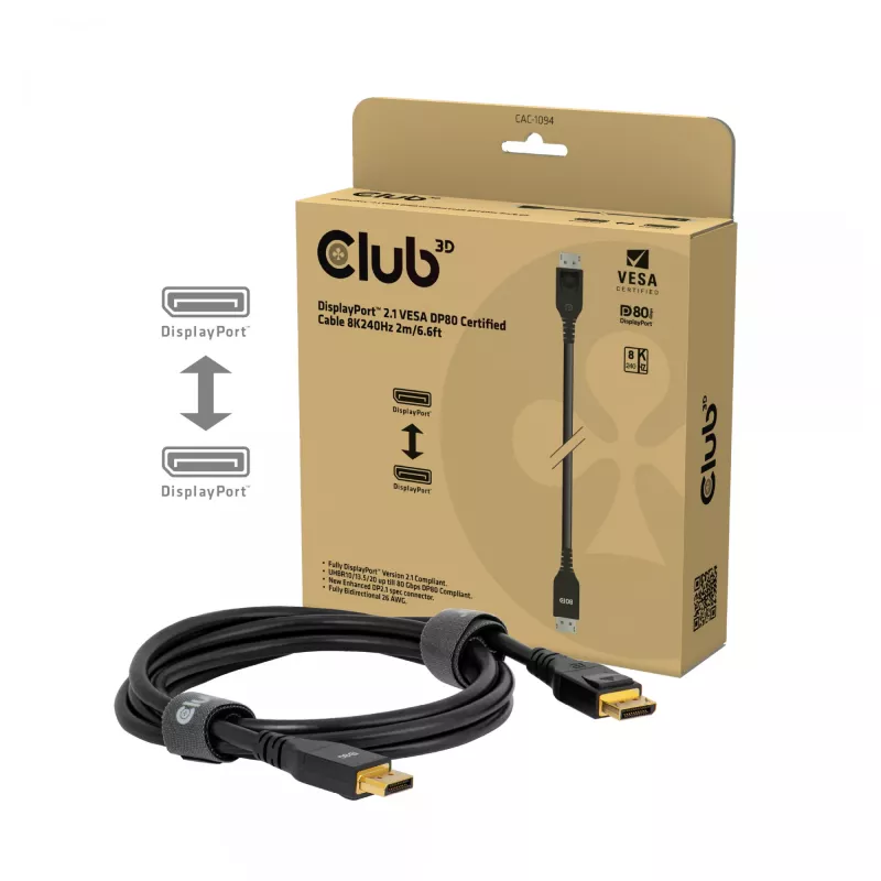 CLUB3D DisplayPort™ 2.1 VESA DP80 sertifitseeritud kaabel 8K240Hz 2m
