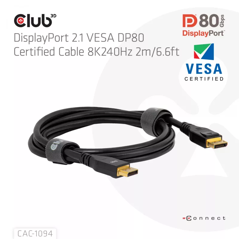 CLUB3D DisplayPort™ 2.1 VESA DP80 sertifitseeritud kaabel 8K240Hz 2m