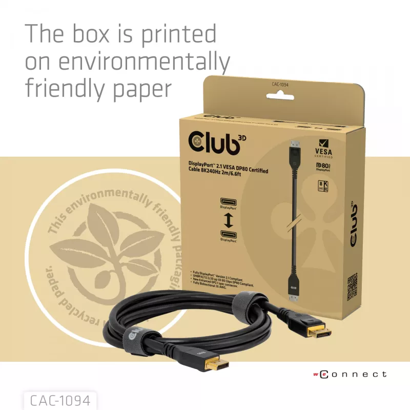 CLUB3D DisplayPort™ 2.1 VESA DP80 sertifitseeritud kaabel 8K240Hz 2m