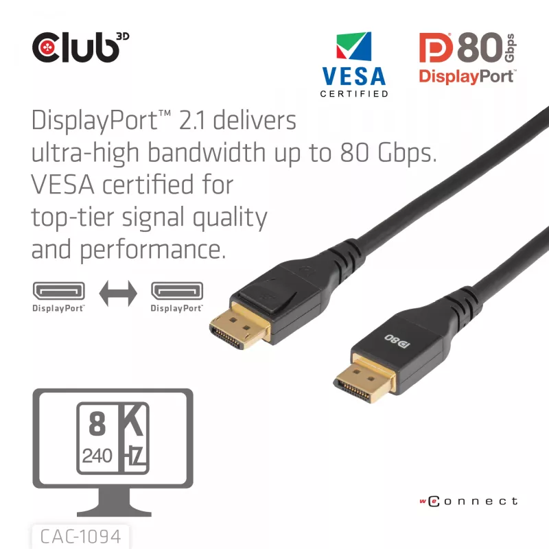 CLUB3D DisplayPort™ 2.1 VESA DP80 sertifitseeritud kaabel 8K240Hz 2m