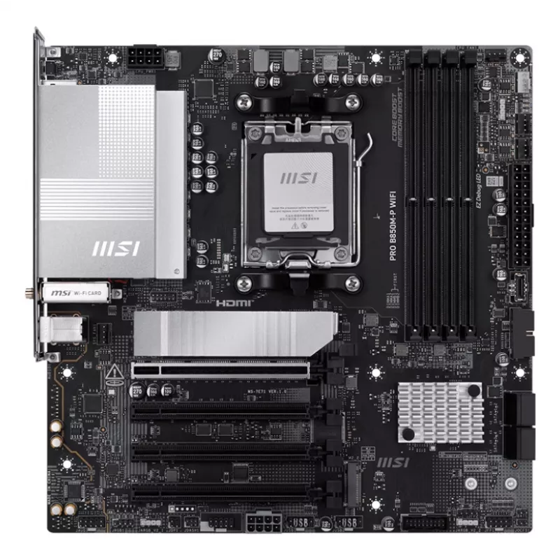 Emaplaat MSI PRO B850M-P WIFI micro ATX, AMD B850, pesa AM5, 4×DDR5 DIMM, 3×M.2, Wi‑Fi 7, 5Gb LAN