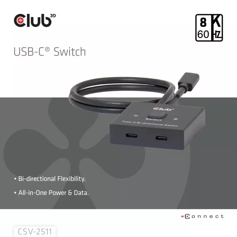 CLUB3D USB-C® kahesuunaline video + andmete + PD lüliti, USB USB-C, 2x DisplayPort, 7680 x 4320 pikslit, must, 8K Ultra HD, 120 Hz