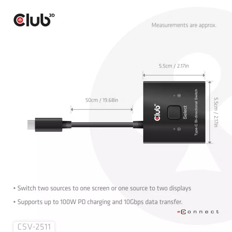 CLUB3D USB-C® kahesuunaline video + andmete + PD lüliti, USB USB-C, 2x DisplayPort, 7680 x 4320 pikslit, must, 8K Ultra HD, 120 Hz