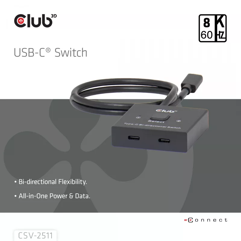 CLUB3D USB-C® kahesuunaline video + andmete + PD lüliti, USB USB-C, 2x DisplayPort, 7680 x 4320 pikslit, must, 8K Ultra HD, 120 Hz