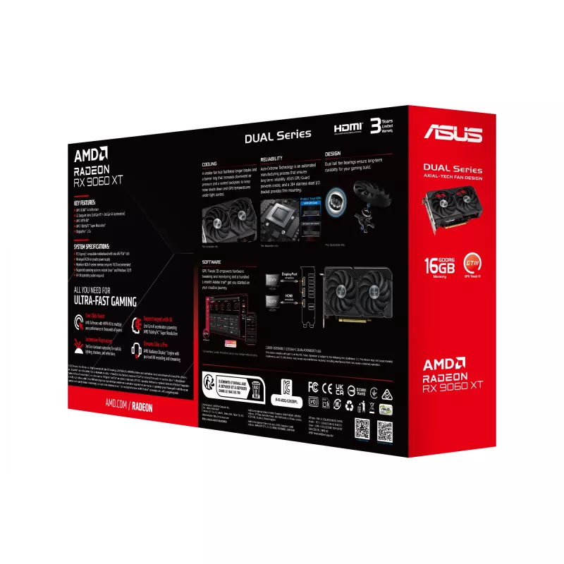 Graafikakaart ASUS Dual Radeon RX 9060 XT 16 GB GDDR6, 128-bit, PCIe 5.0, 2 ventilaatorit