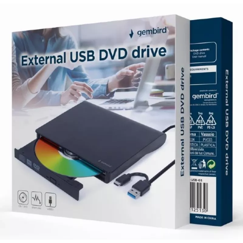 Sisemine DVD±RW-kirjutaja Gembird DVD-USB-031 — USB USB-C, 24x CD / 8x DVD, eestlaadimine, must, 140×18×140 mm