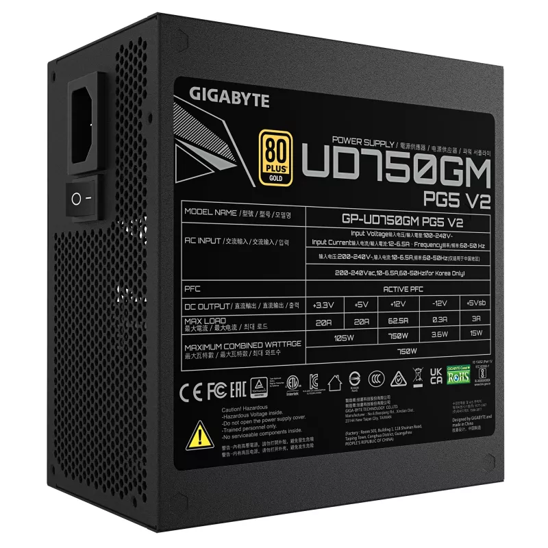 GIGABYTE UD750GM PG5 V2 toiteplokk – PCIe Gen 5.1, 80 PLUS Gold, täismodulaarne disain, 120 mm ventilaator, ATX 3.1 ühilduv, EL pistik
