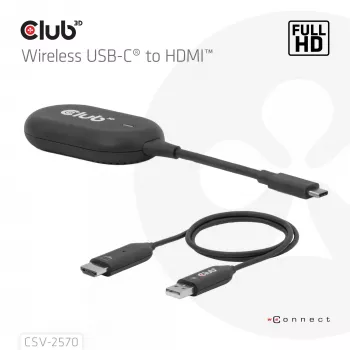 CLUB3D Wireless USB-C® to HDMI™, 1920 x 1080 pikslit, AV saatja ja vastuvõtja, Juhtmega ja juhtmevaba, Must, HDCP