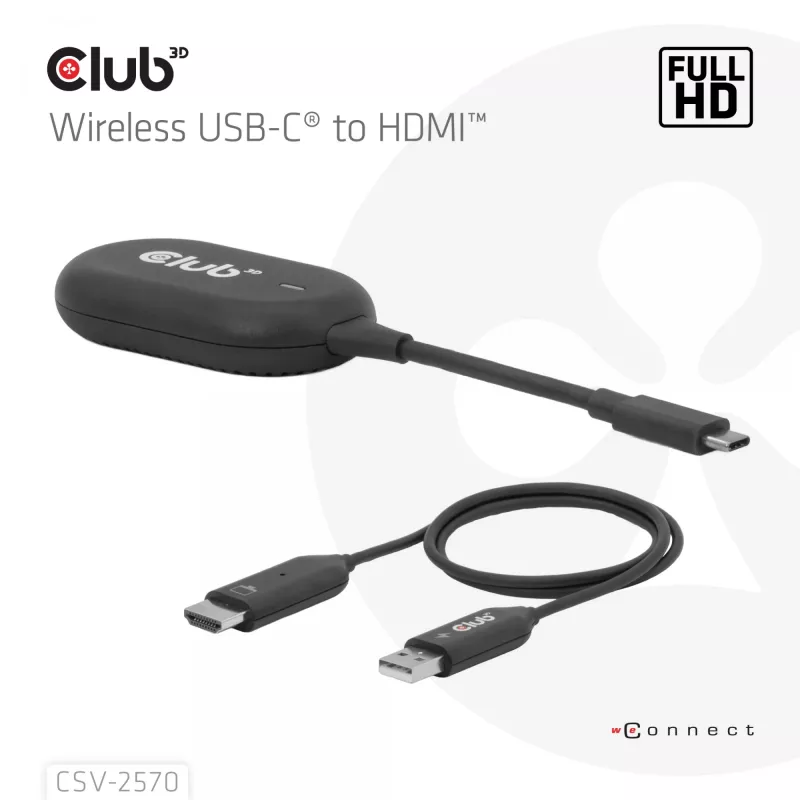 CLUB3D Wireless USB-C® to HDMI™, 1920 x 1080 pikslit, AV saatja ja vastuvõtja, Juhtmega ja juhtmevaba, Must, HDCP