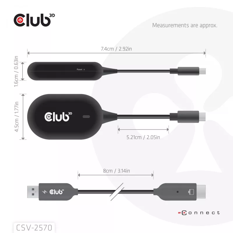 CLUB3D Wireless USB-C® to HDMI™, 1920 x 1080 pikslit, AV saatja ja vastuvõtja, Juhtmega ja juhtmevaba, Must, HDCP