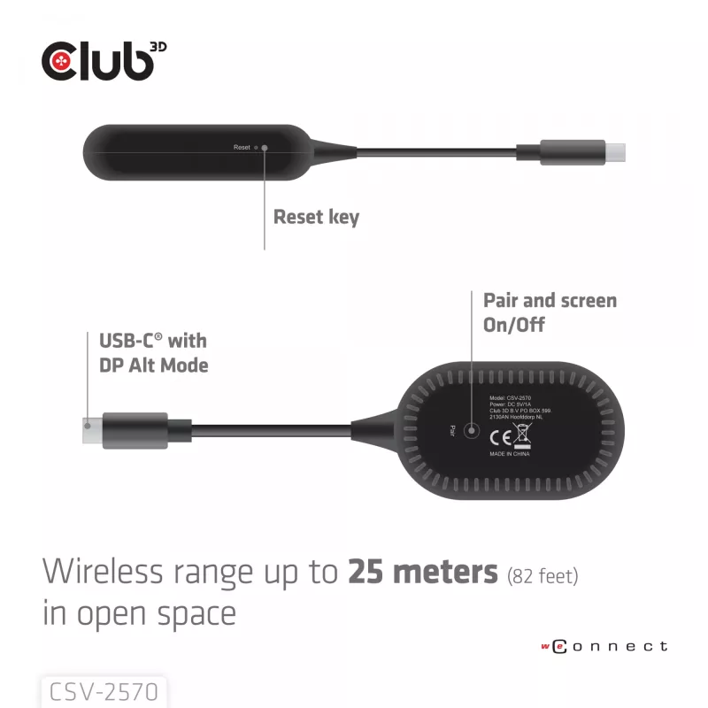 CLUB3D Wireless USB-C® to HDMI™, 1920 x 1080 pikslit, AV saatja ja vastuvõtja, Juhtmega ja juhtmevaba, Must, HDCP