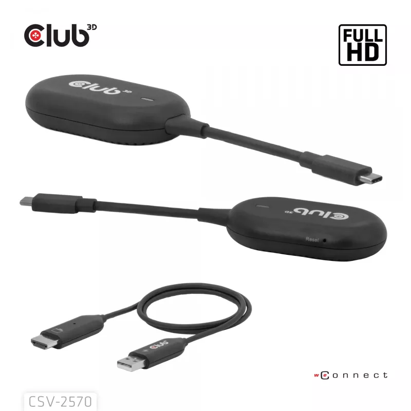 CLUB3D Wireless USB-C® to HDMI™, 1920 x 1080 pikslit, AV saatja ja vastuvõtja, Juhtmega ja juhtmevaba, Must, HDCP