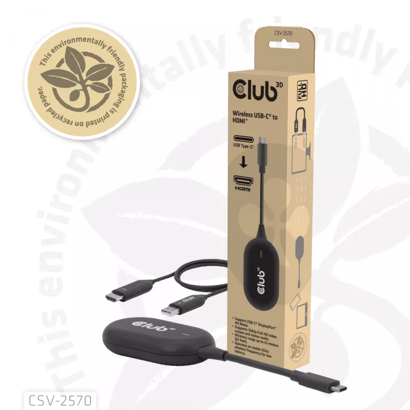 CLUB3D Wireless USB-C® to HDMI™, 1920 x 1080 pikslit, AV saatja ja vastuvõtja, Juhtmega ja juhtmevaba, Must, HDCP