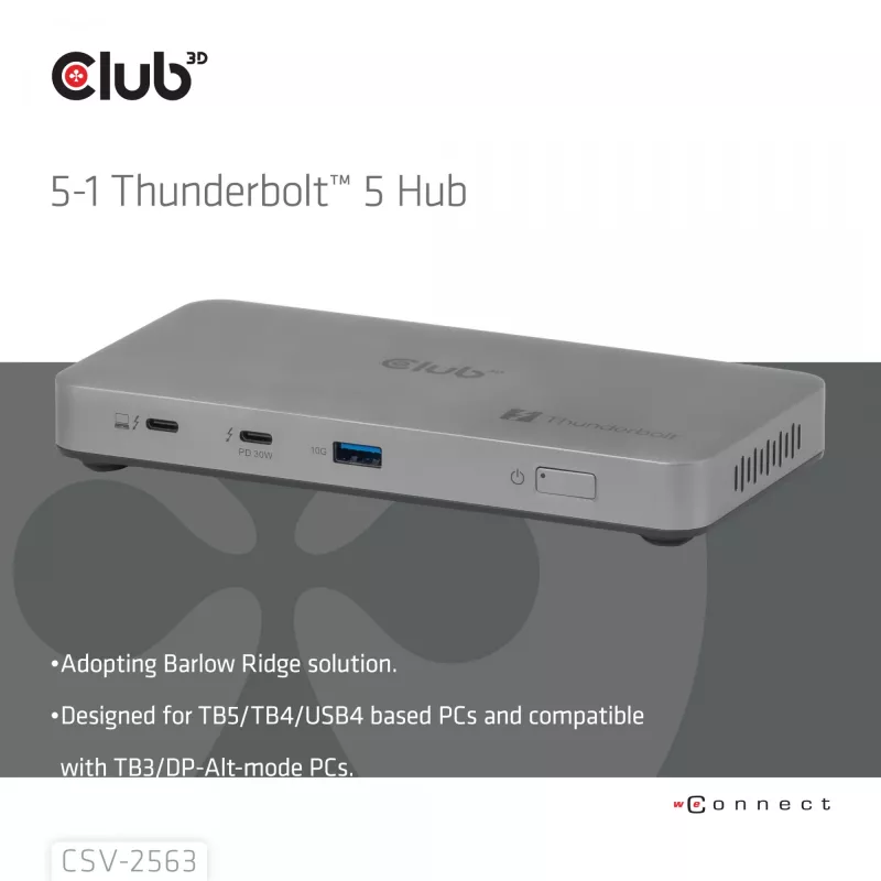CLUB3D CSV-2563 5-1 Thunderbolt™ 5 Hub Triple video 5K60Hz Thunderbolt™ Share Sertifitseeritud 180 W