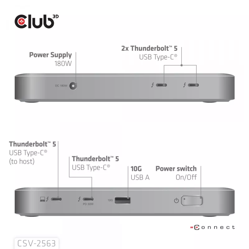 CLUB3D CSV-2563 5-1 Thunderbolt™ 5 Hub Triple video 5K60Hz Thunderbolt™ Share Sertifitseeritud 180 W