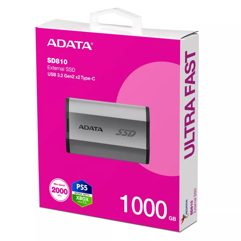 ADATA SD810 1 TB USB USB-C USB 3.2 Gen 2x2 Must, Hõbedane