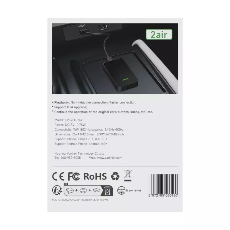 Automeediavastuvõtja Carlinkit CPC200-2AIR Must Wi‑Fi 5 GHz / 2,4 GHz, Bluetooth 4.1, USB‑C