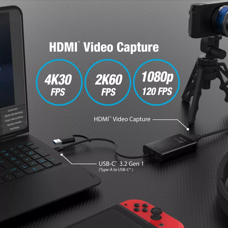j5create JVA11-N 4K HDMI™ jäädvustusadapter, must, USB 3.2 Gen 1 (3.1 Gen 1), 3840 x 2160 pikslit, alumiinium, 0,19 m, Taiwan