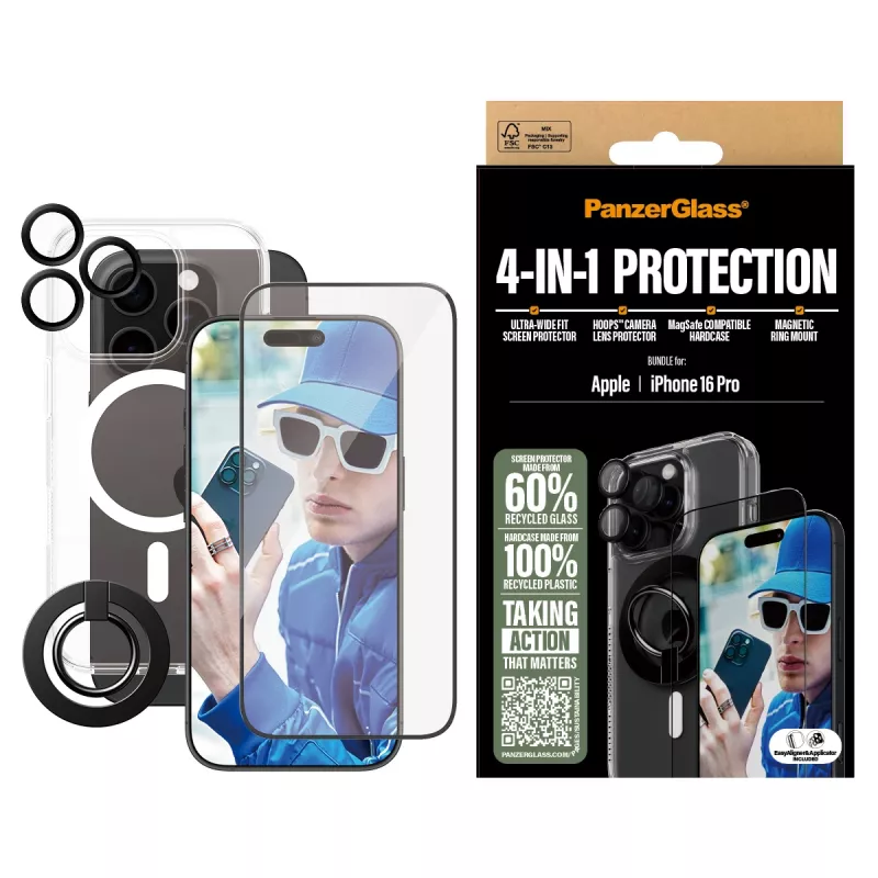PanzerGlass ® 4-in-1 kaitsekomplekt iPhone 16 Pro, Apple, Apple - iPhone 16 Pro, kuiv paigaldus, kriimustuskindel, löögikindel, läbipaistev, 1 tk