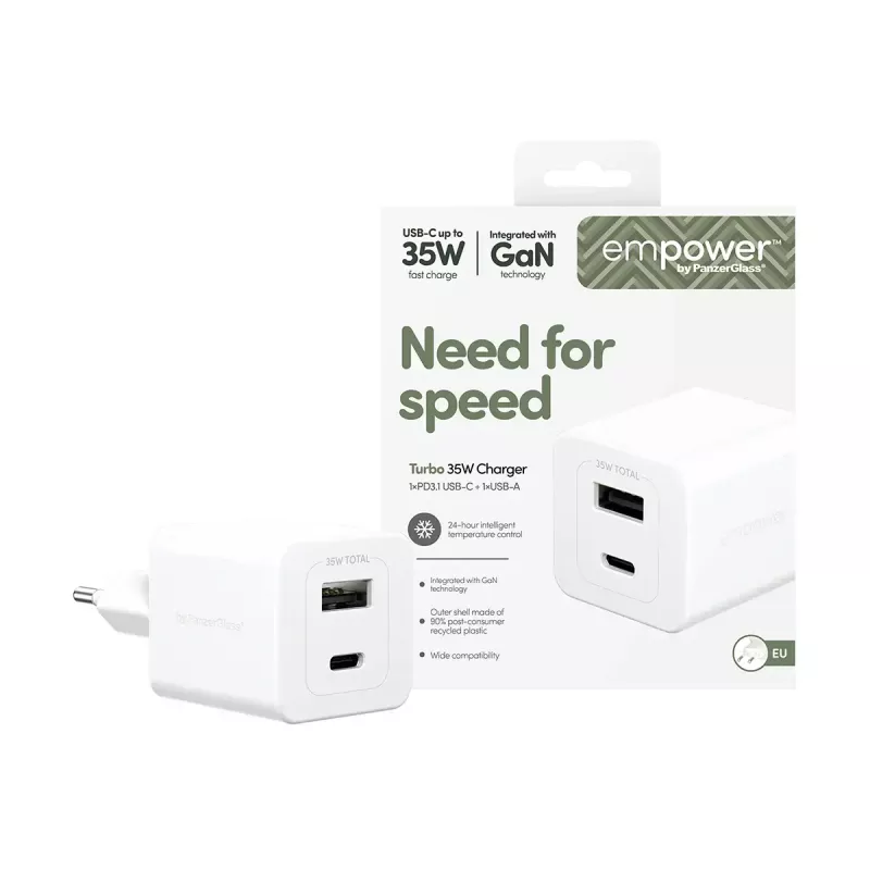 PanzerGlass empower™ by ® Turbo 35W Charger incl. USB-C + USB-A | EU Plug | Silver Valge