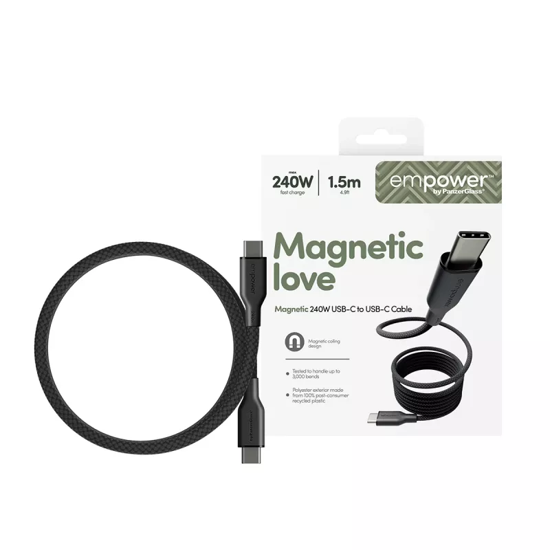 PanzerGlass empower™ by ® Magnetic 240W USB-C to USB-C kaabel | USB 2.0 | 1,5 m | Kosmose-must