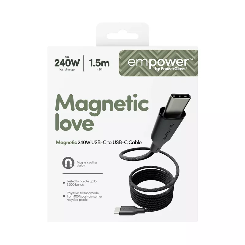 PanzerGlass empower™ by ® Magnetic 240W USB-C to USB-C kaabel | USB 2.0 | 1,5 m | Kosmose-must