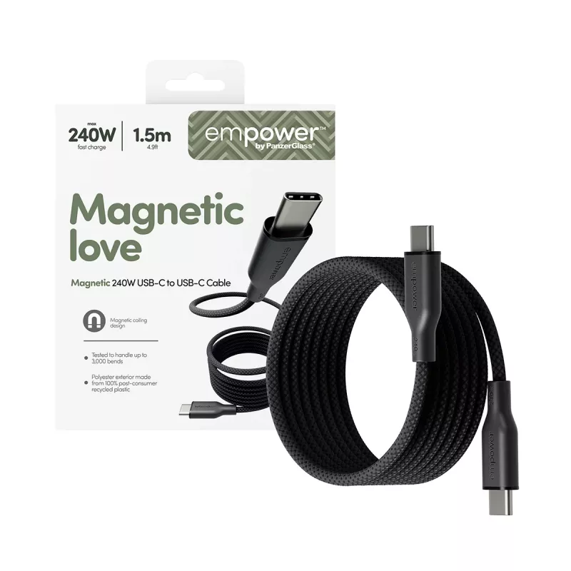 PanzerGlass empower™ by ® Magnetic 240W USB-C to USB-C kaabel | USB 2.0 | 1,5 m | Kosmose-must