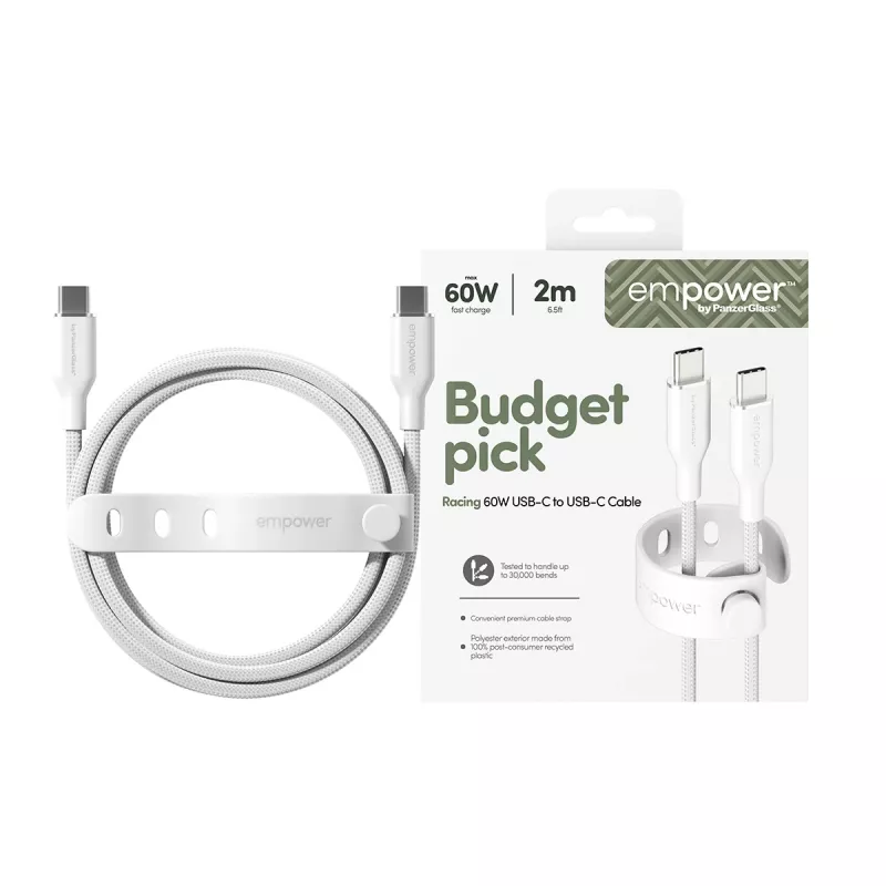 PanzerGlass empower™ by ® Racing 60W USB-C to USB-C kaabel | USB 2.0 | 2M | Hõbevalge