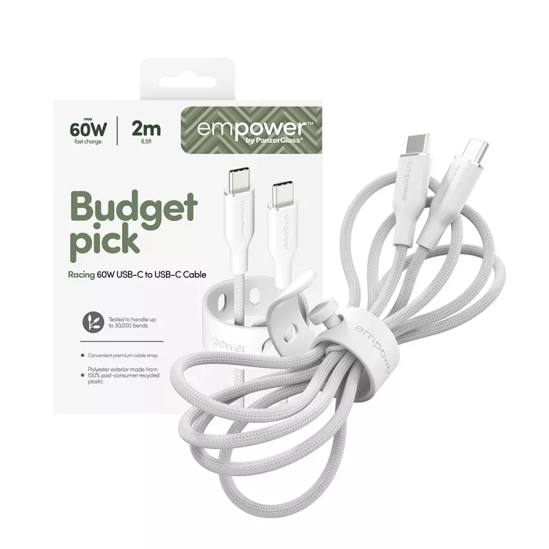 PanzerGlass empower™ by ® Racing 60W USB-C to USB-C kaabel | USB 2.0 | 2M | Hõbevalge