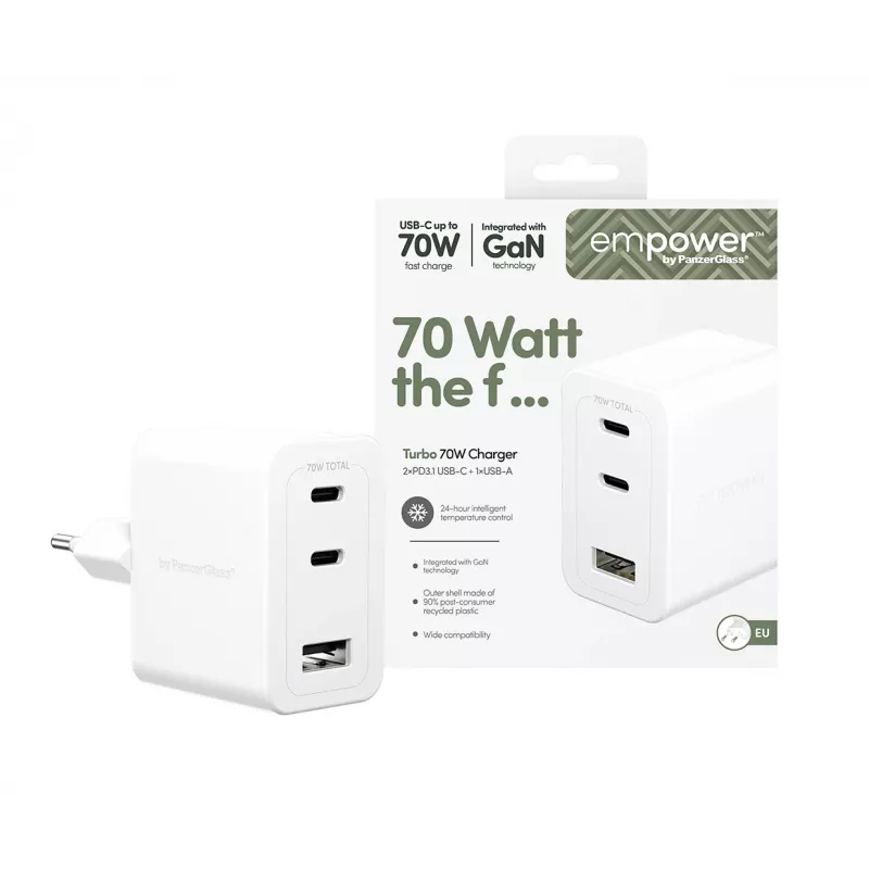 PanzerGlass empower™ by ® Turbo 70W Multiple Charger incl. 2 x USB-C + USB-A | EU Plug | Silver Valge