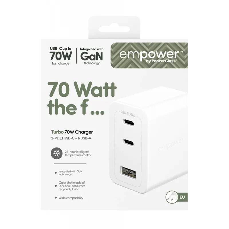 PanzerGlass empower™ by ® Turbo 70W Multiple Charger incl. 2 x USB-C + USB-A | EU Plug | Silver Valge