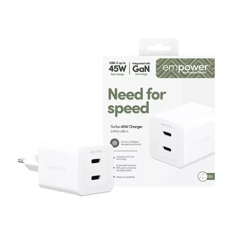 PanzerGlass empower™ by ® Turbo 45W Charger incl. 2 x USB-C | EU Plug | Silver Valge