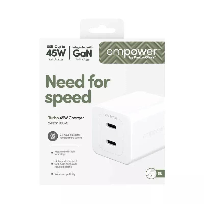 PanzerGlass empower™ by ® Turbo 45W Charger incl. 2 x USB-C | EU Plug | Silver Valge