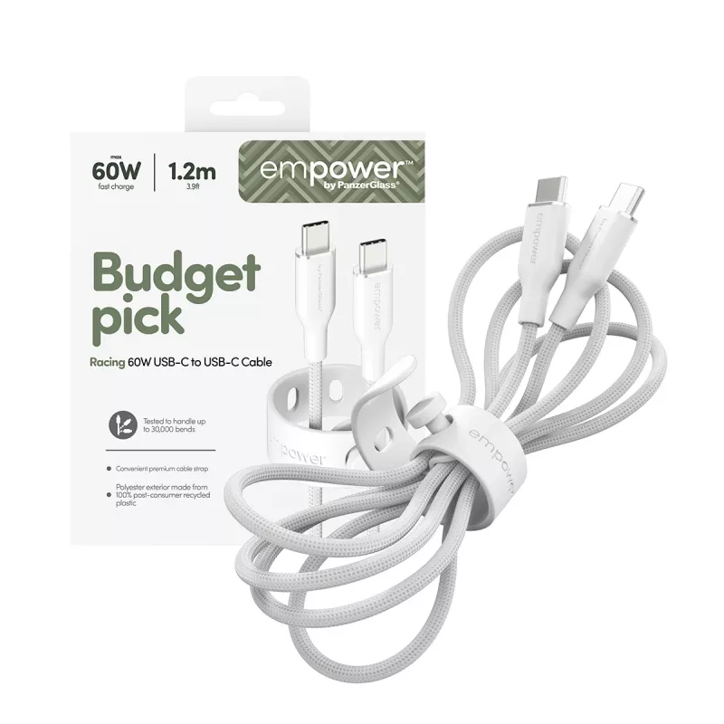 PanzerGlass empower™ by ® Racing 60W USB-C-USB-C-kaabel | USB 2.0 | 1,2 m | hõbevalge