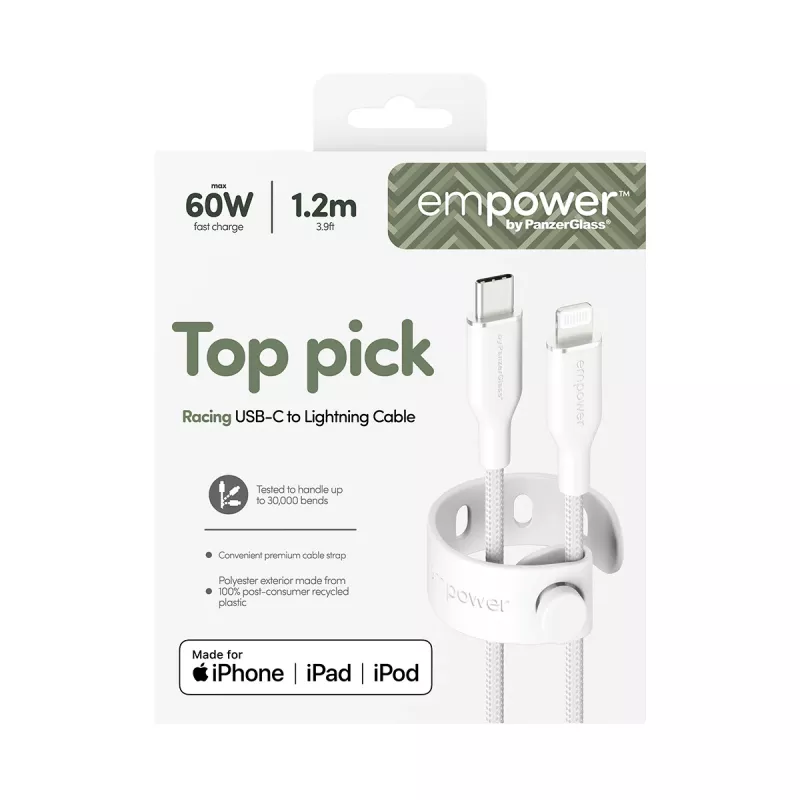 PanzerGlass empower™ by ® Racing 60W USB-C to Lightning kaabel | USB 2.0 | 1,2 m | Hõbevalge