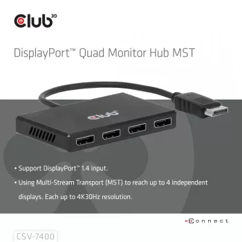 CLUB3D Quad DisplayPort™ Hub – 4 x 4K eraldusvõime @ 30 Hz, MST tugi